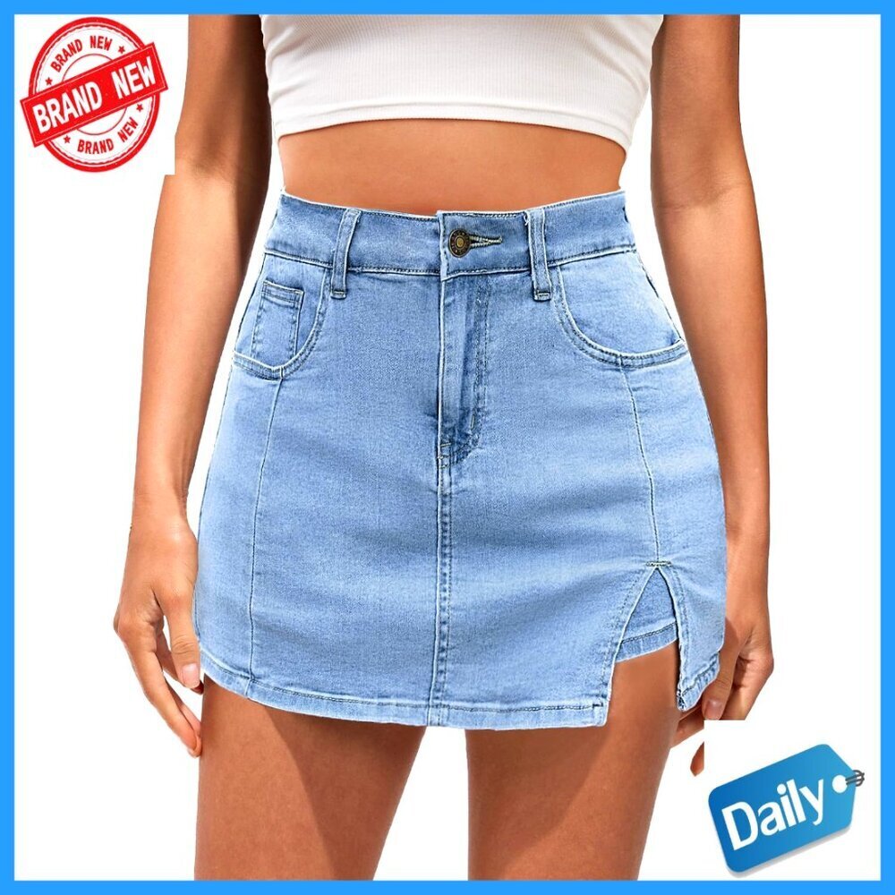 High Waisted Denim Skort with Slit Stretchy Casual Summer Shorts